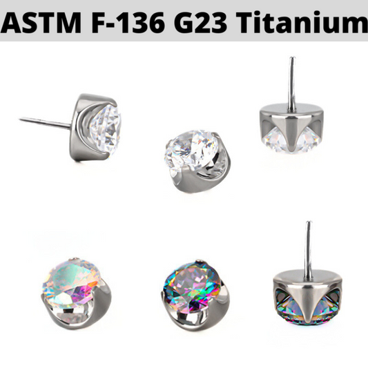 G23 Titanium Threadless Push In Flat Back 3 Claw Set CZ Top