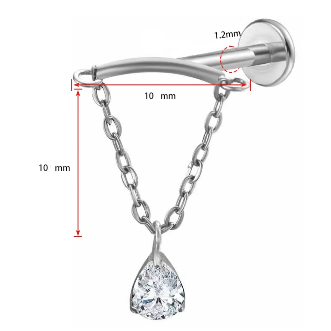 G23 Titanium Internally Threaded Hanging Pear Shape CZ Chain Labret