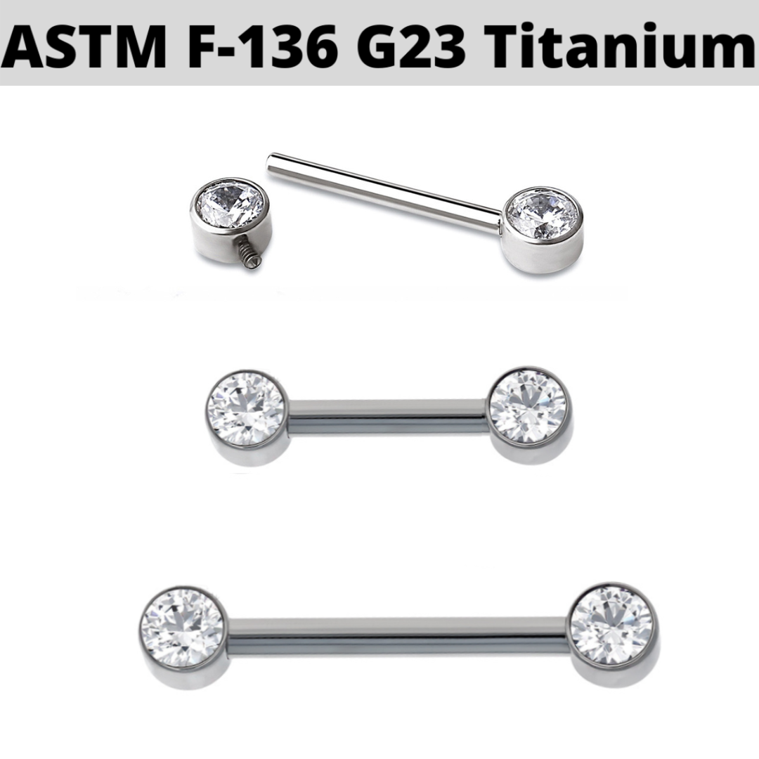 G23 Internally Threaded Titanium Flat Bezel Set CZ Front Facing Barbell