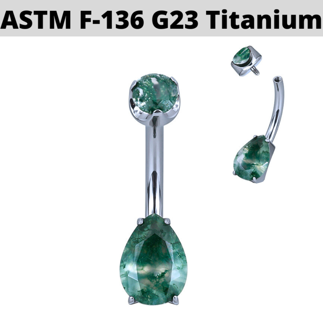 G23 Titanium Internally Threaded Teardrop Moss Agate Belly Ring
