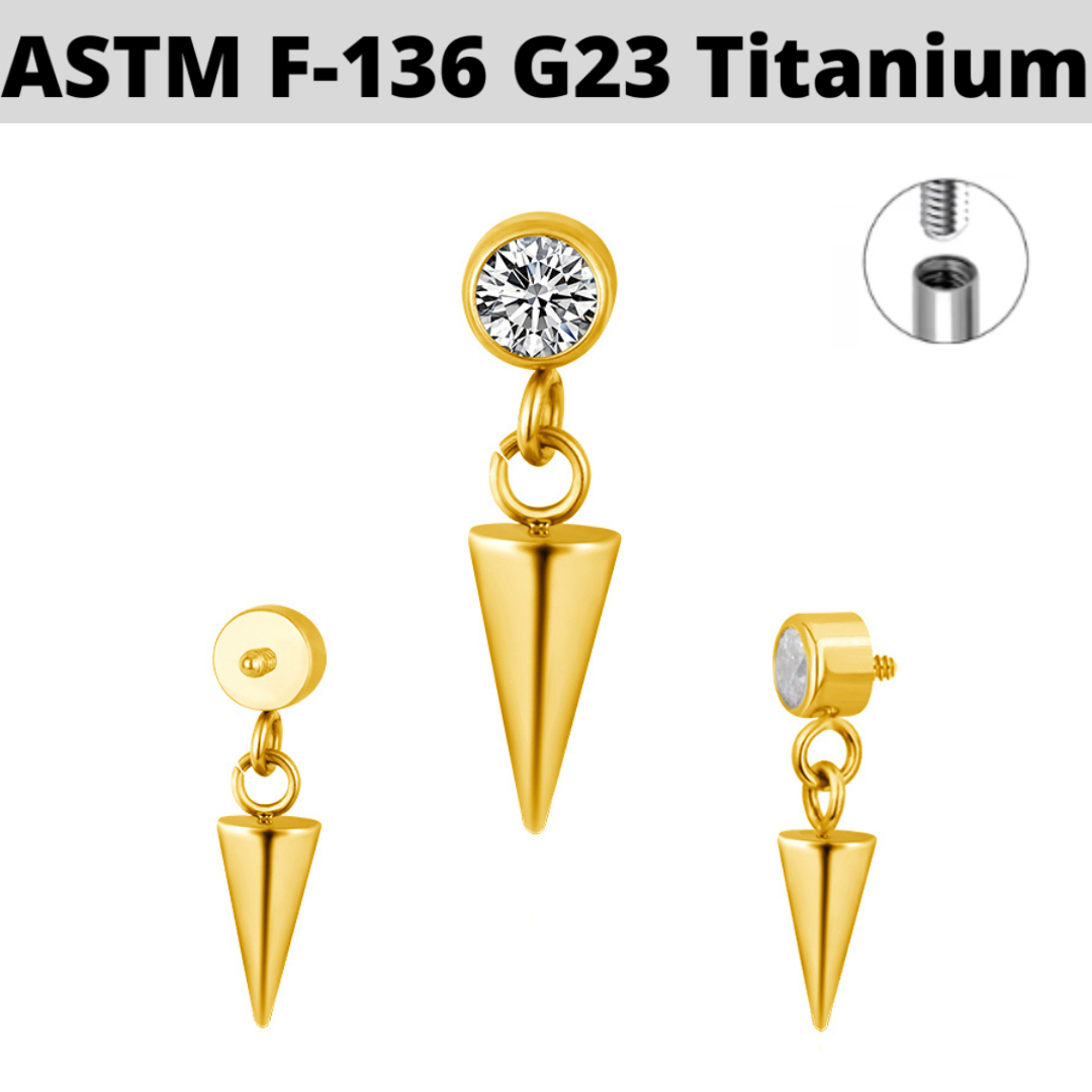 G23 Gold PVD Titanium Internally Threaded Cone Dangle CZ Top
