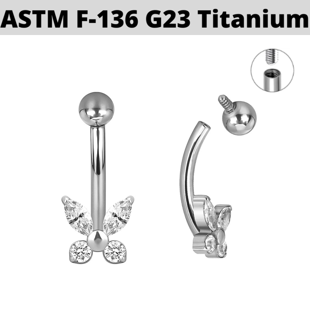G23 Titanium Internally Threaded Butterfly CZ Curved Barbell