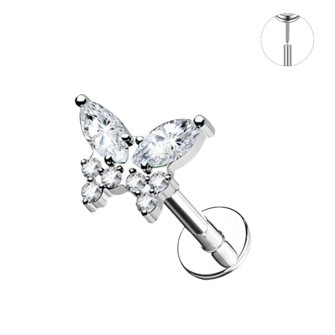 Steel Threadless Push In Marquise Paved CZ Butterfly Tragus Labret