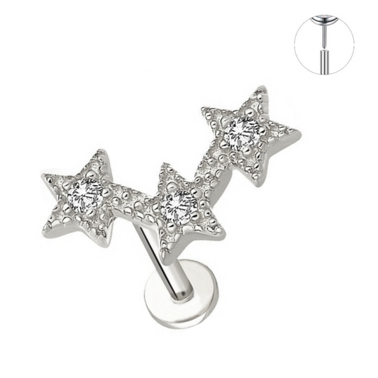 Steel Threadless Push In Triple CZ Stars Tragus Labret