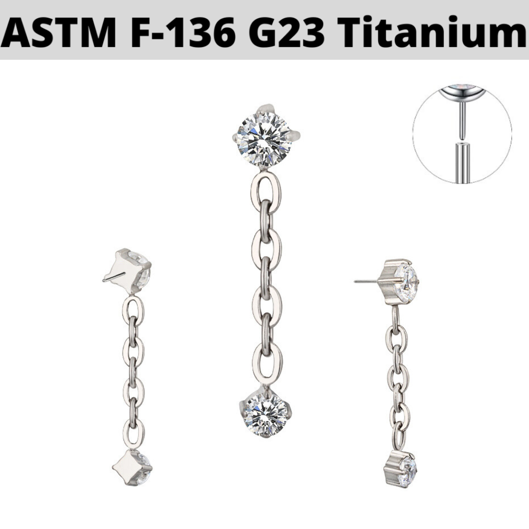 G23 Titanium Threadless Push In CZ Dangle Chain CZ Top