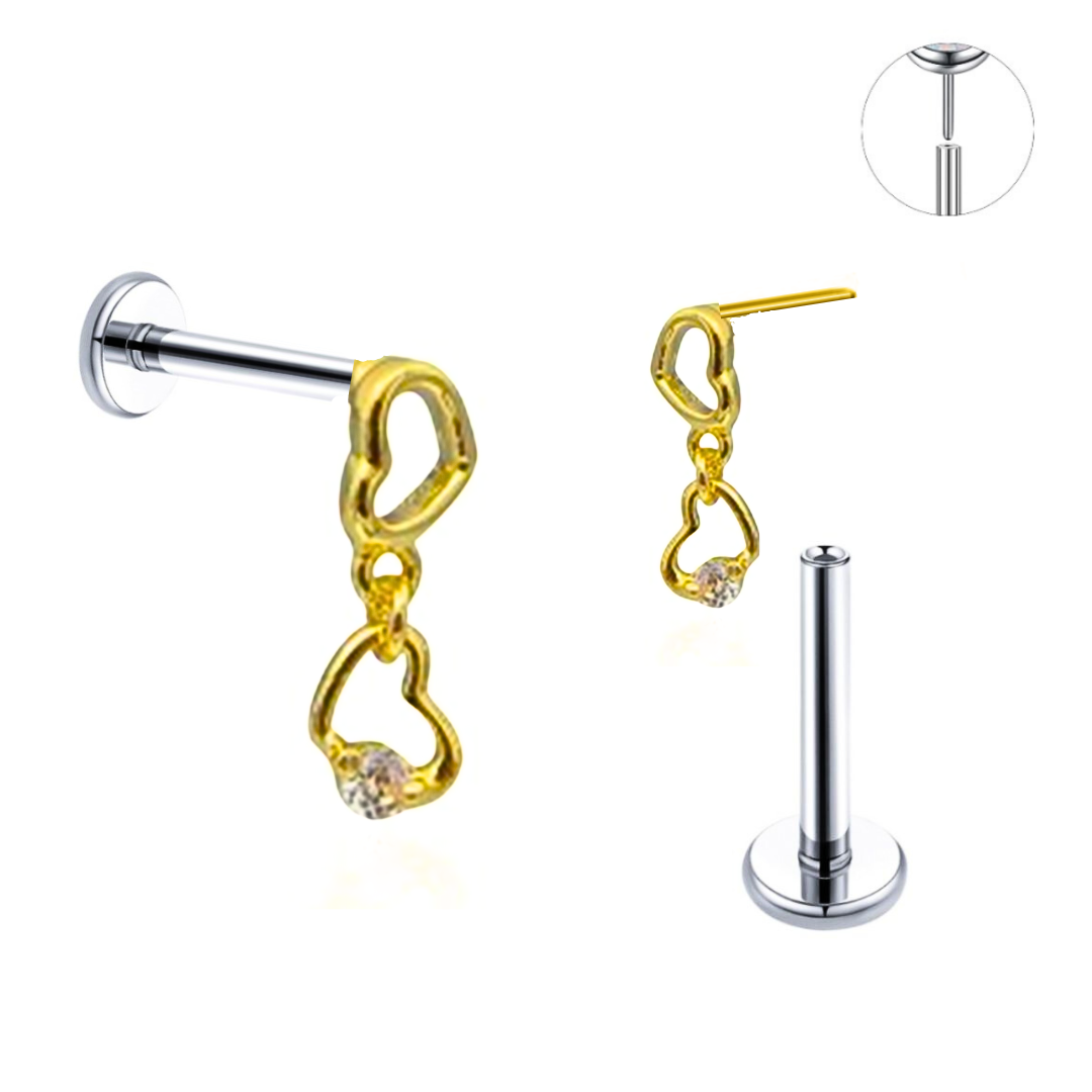 Gold Ion Plated Top Steel Threadless Push In Dangle CZ Hallow Heart Labret