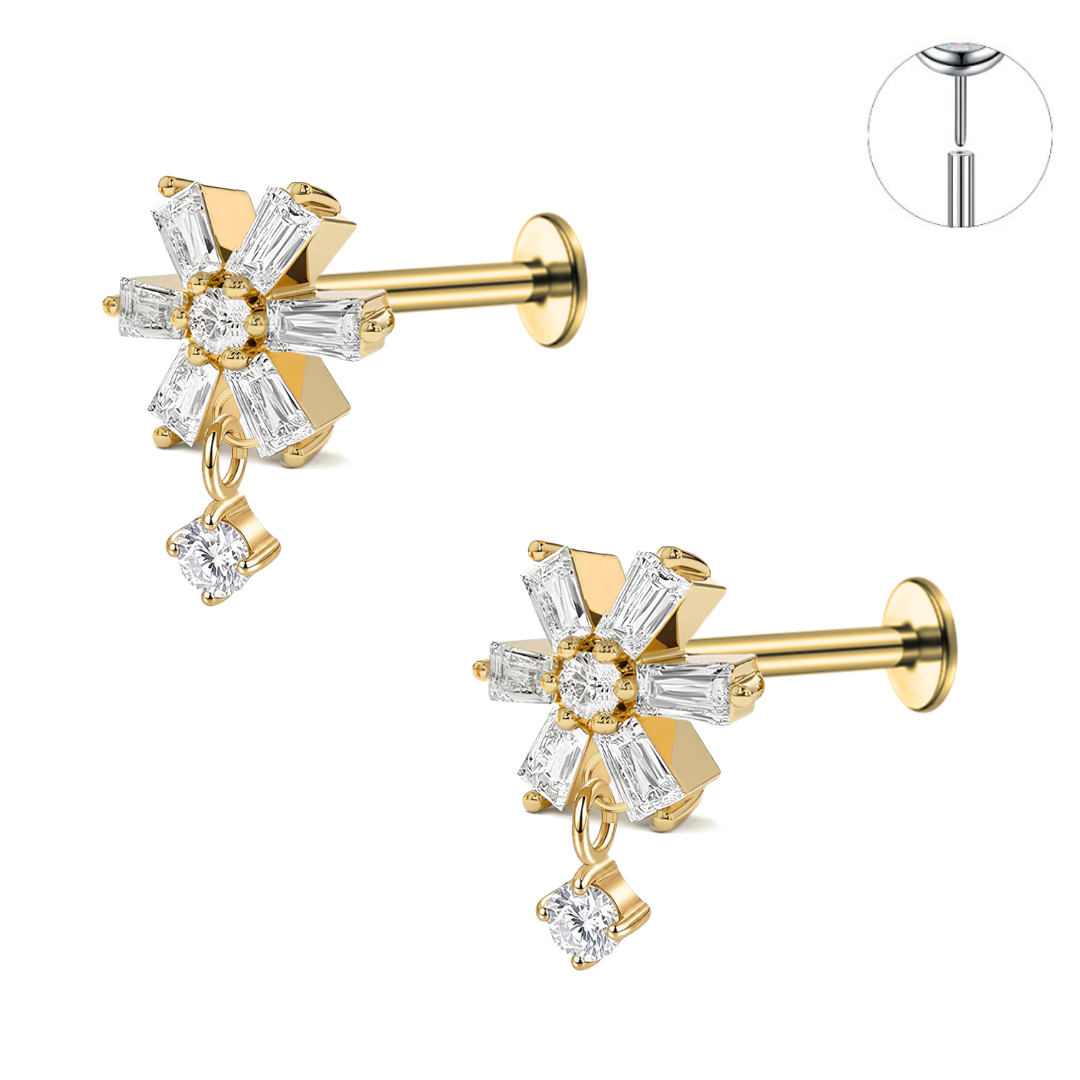 Gold Ion Plated Steel Threadless Push In Baguette Dangle CZ Flower Labret