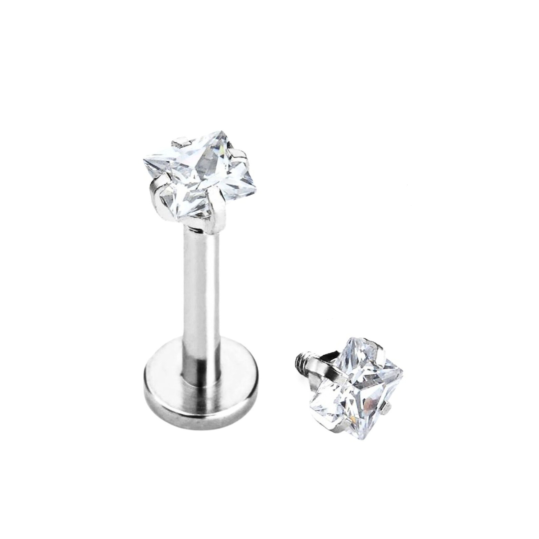 Steel Internally Threaded Square CZ Prong Set Tragus Labret