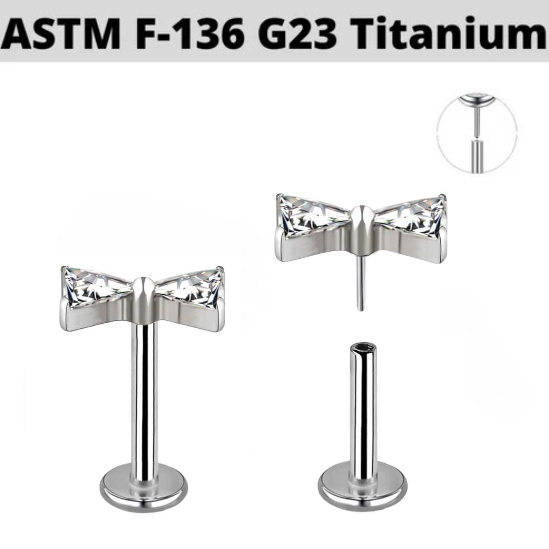 G23 Titanium Threadless Push In Triangle CZ Bow Tie Labret
