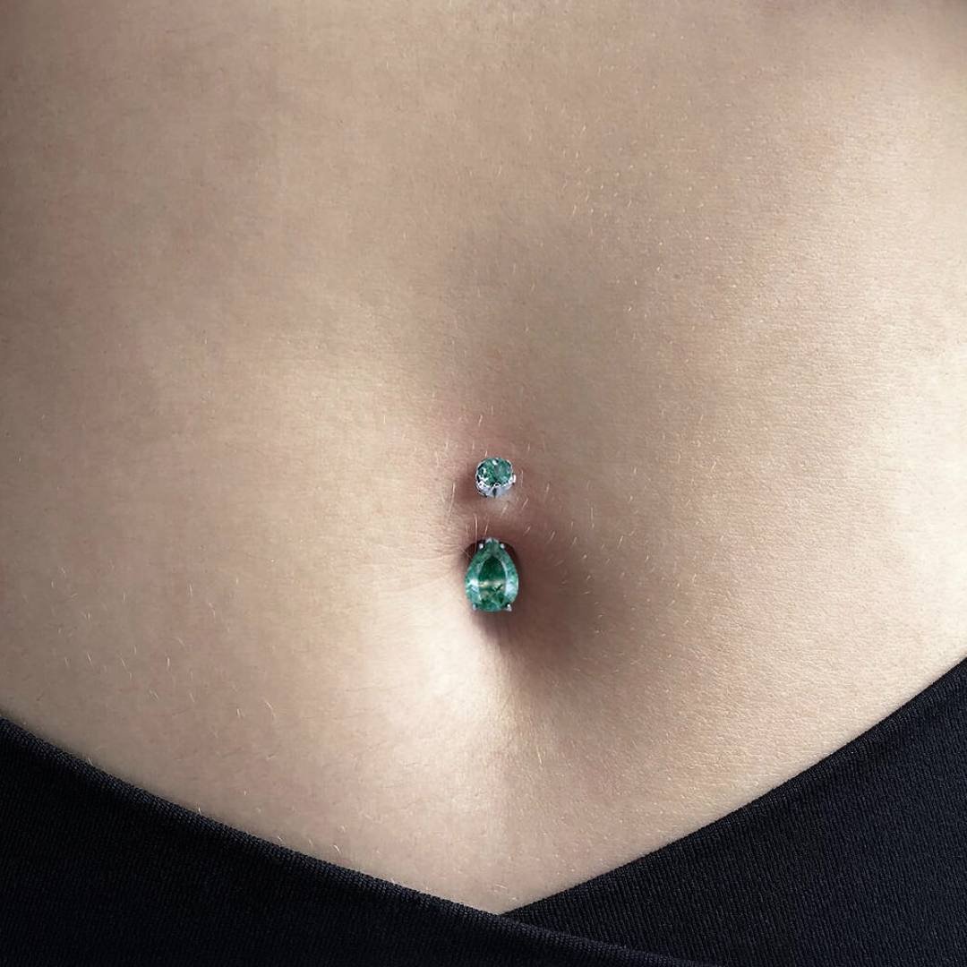 G23 Titanium Internally Threaded Teardrop Moss Agate Belly Ring
