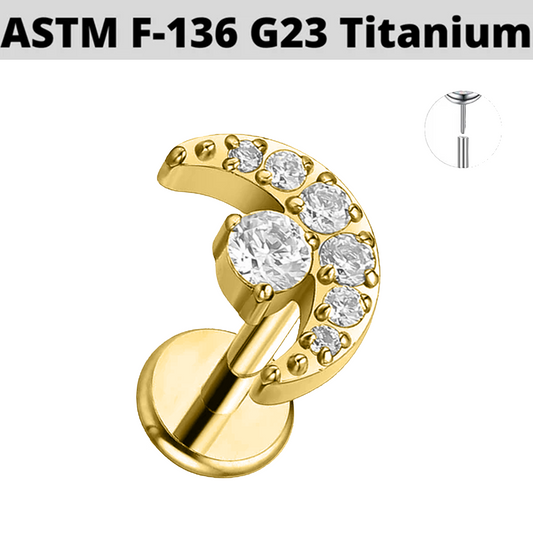 G23 Gold PVD Titanium Threadless Push In Paved CZ Moon Labret