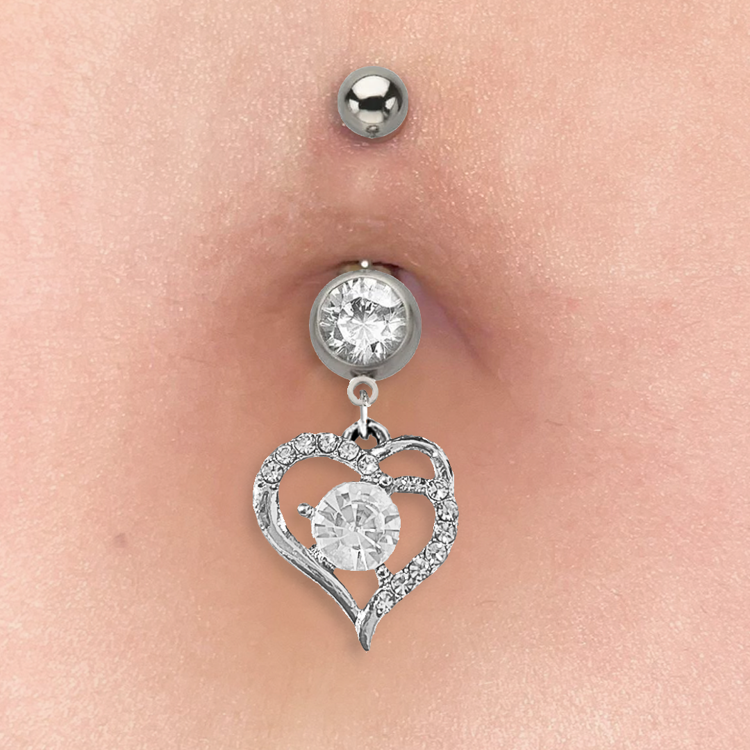 Fancy CZ Open Heart Dangle Belly Ring