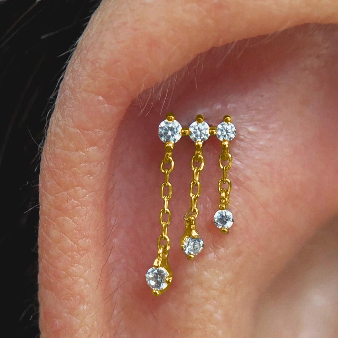 Gold Ion Plated Steel Threadless Push In CZ 3 Chains Dangle Labret