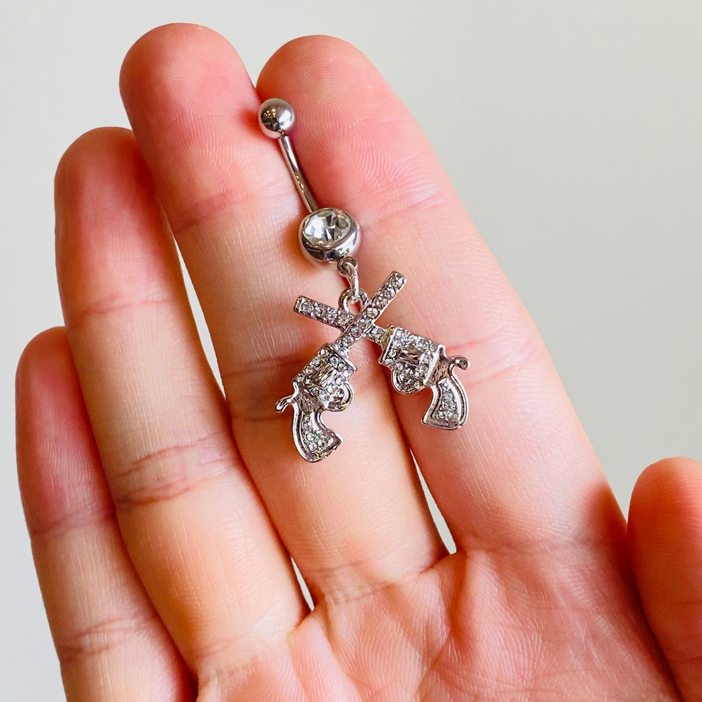 Cross Double Pistol Gun Revolver CZ Dangle Belly Ring