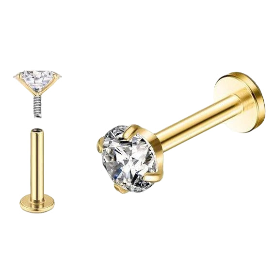 G23 Gold PVD Titanium Internally Threaded CZ Prong Set Tragus Labret