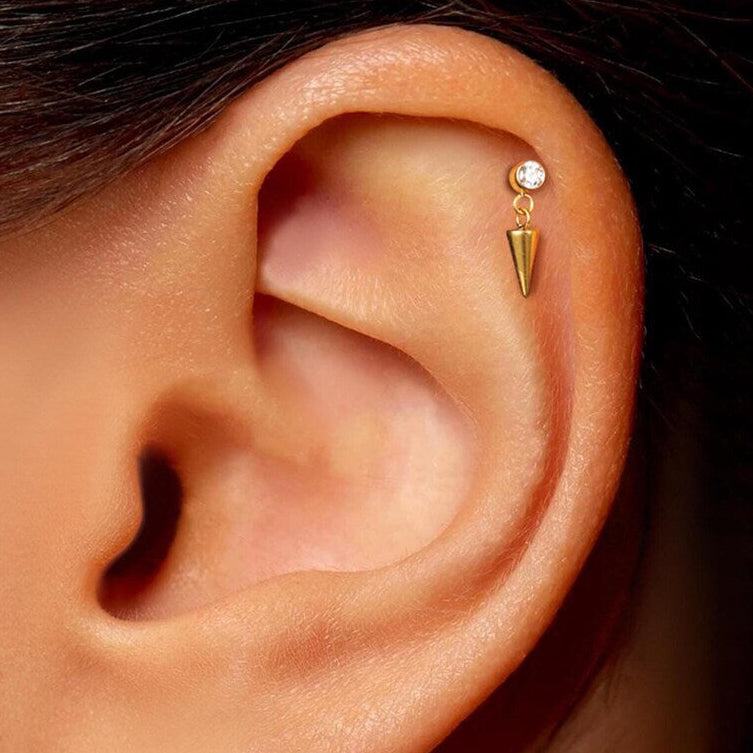 G23 Gold PVD Titanium Threadless Push In CZ Dangle Cone Labret