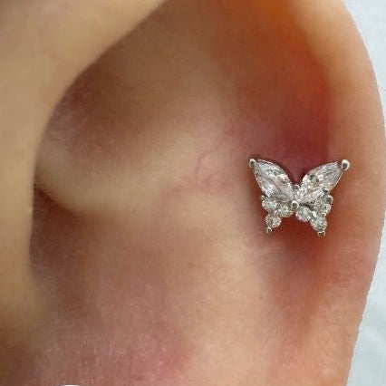 Steel Threadless Push In Marquise Paved CZ Butterfly Tragus Labret