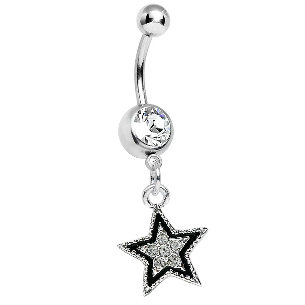Gem Paved Lucky Star CZ Dangle Belly Ring