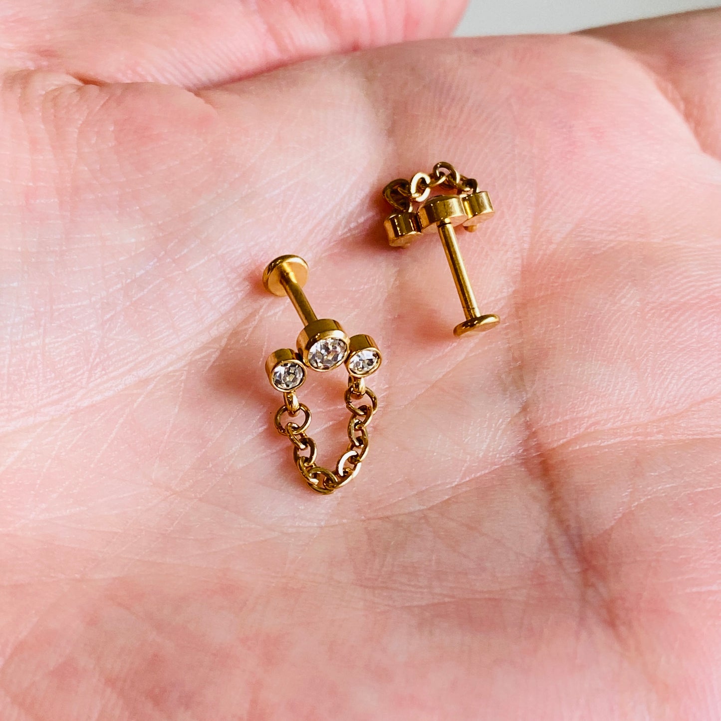 Internally Threaded Gold Steel Ion Plated 3 CZ Cluster Chain Labret