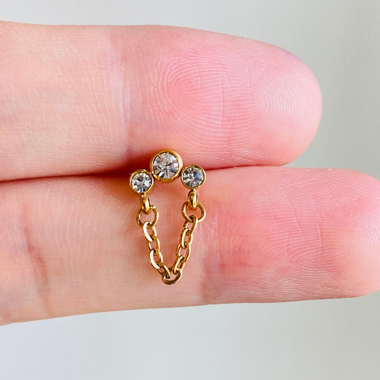Internally Threaded Gold Steel Ion Plated 3 CZ Cluster Chain Labret