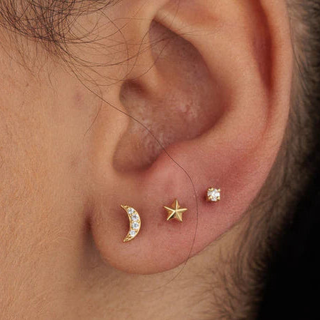 Gold Ion Plated Top Steel Threadless Push In CZ Moon Tragus Labret