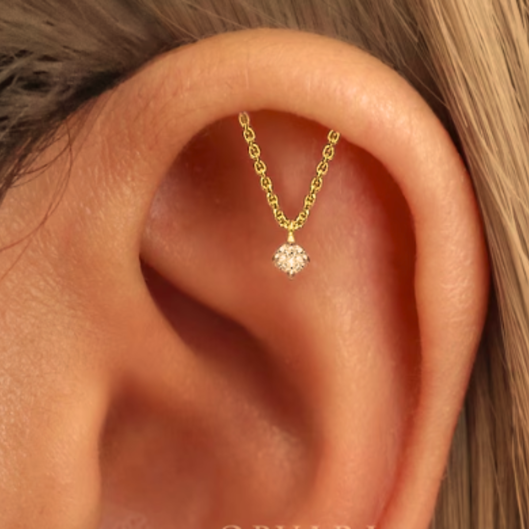 16G Gold Steel Internally Threaded Hanging CZ Chain Labret