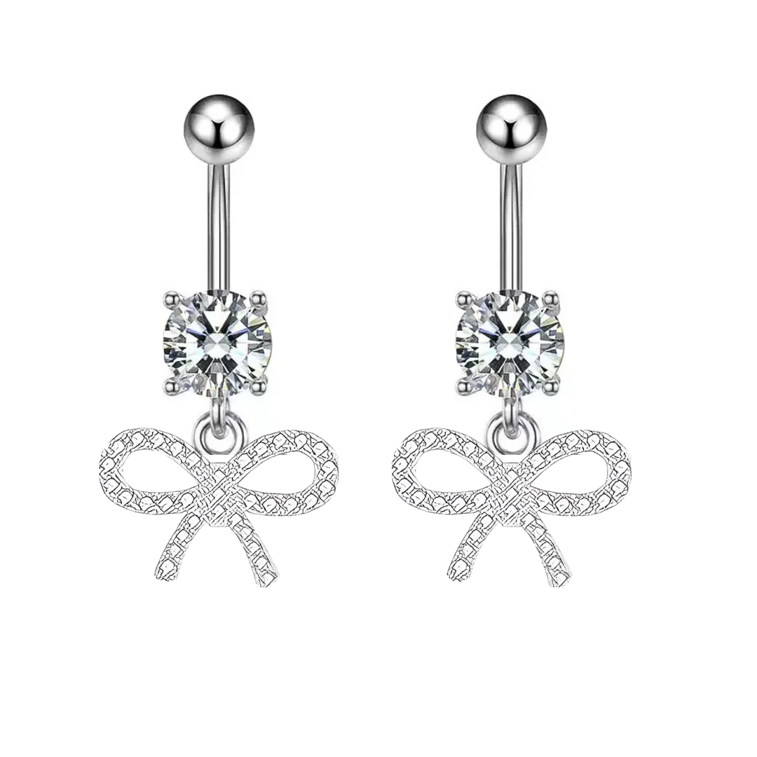 Prong Set CZ Dangle Paved CZ Ribbon Bow Belly Ring