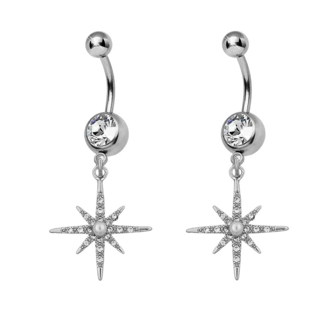 Paved CZ North Star with Pearl Dangle Belly Ring