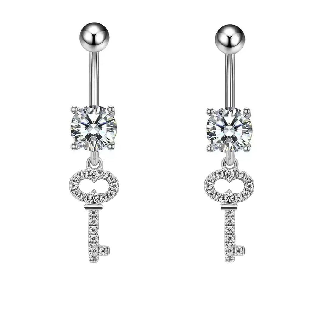 Prong Set CZ Dangle Paved CZ Key Belly Ring