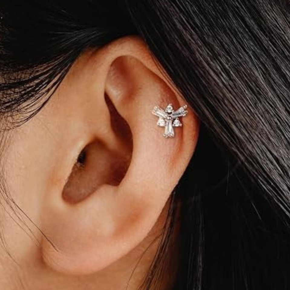 Steel Threadless Push In Baguette CZ Triangle Flower Tragus Labret