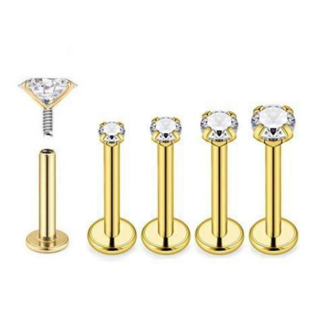 16G Gold Steel Internally Threaded Round CZ Prong Set Ion Plated Tragus Labret