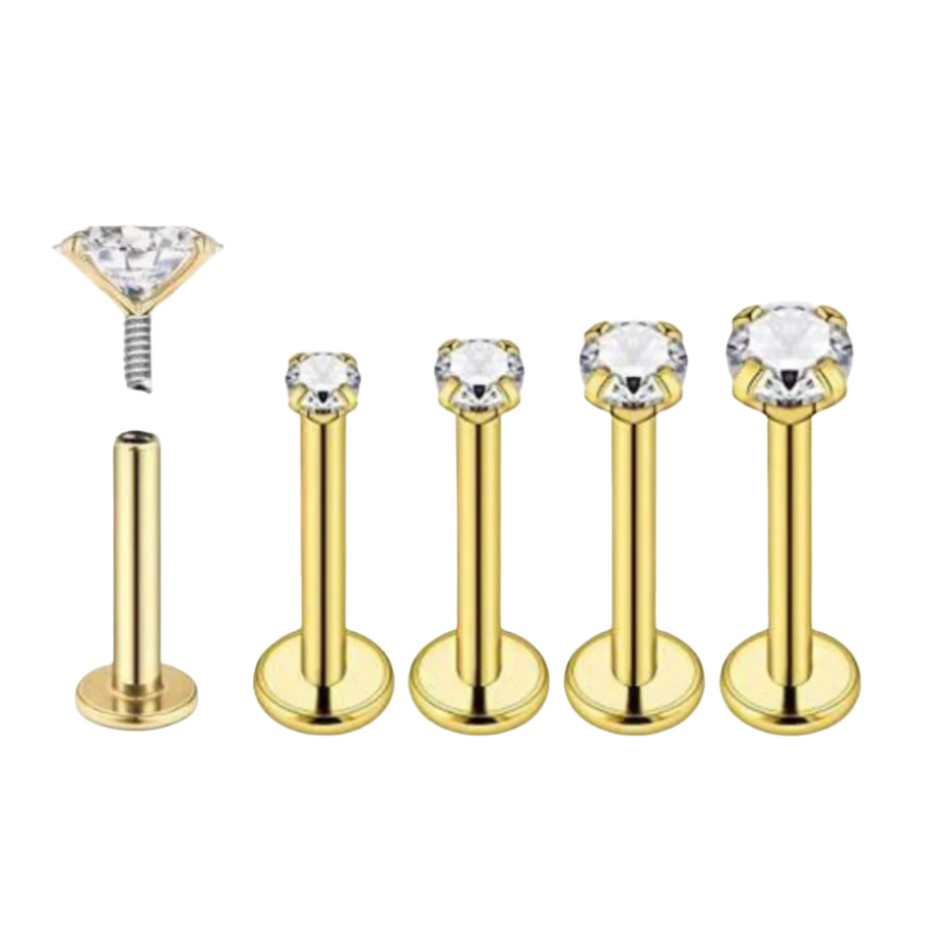 16G Gold Steel Internally Threaded CZ Prong Set Ion Plated Labret
