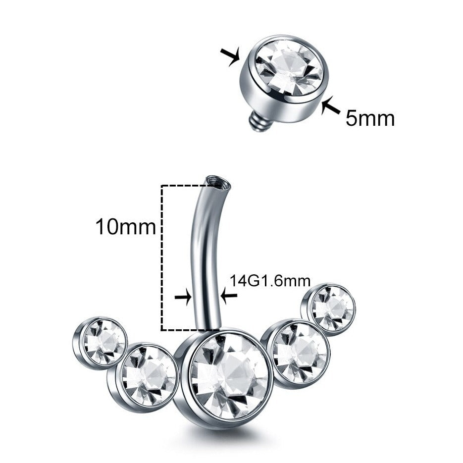 Internally Threaded Steel 5 CZ Cluster Belly Ring