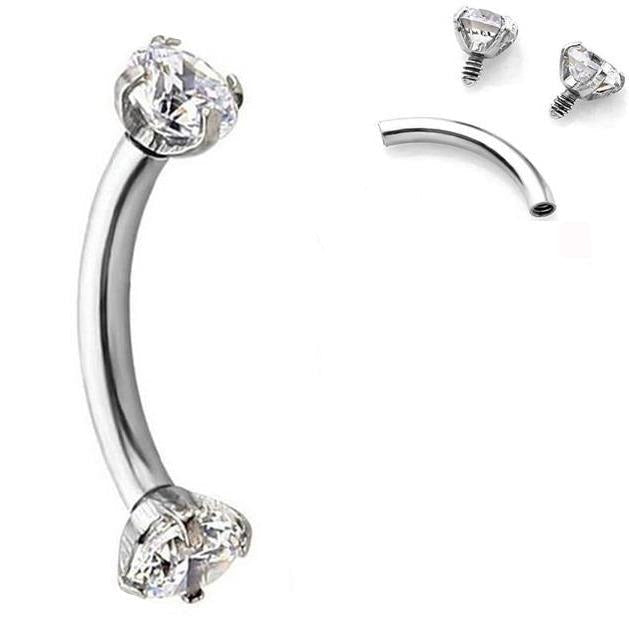 Internally Threaded Prong Set Double Gem Curved Barbell