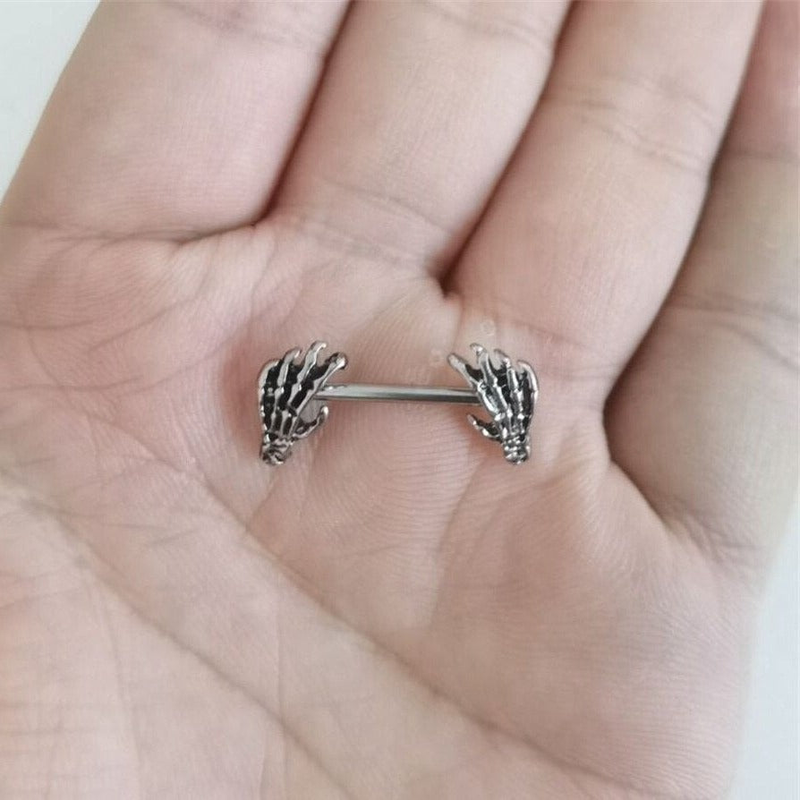 Steel Skeleton Hand Ends Nipple Barbell