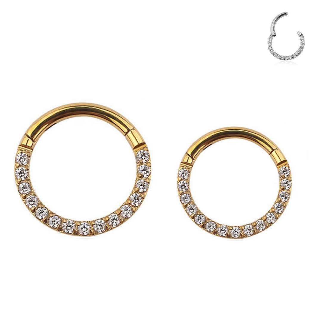 Gold Steel Front CZ Ion Plated Hinged Segment Clicker Ring
