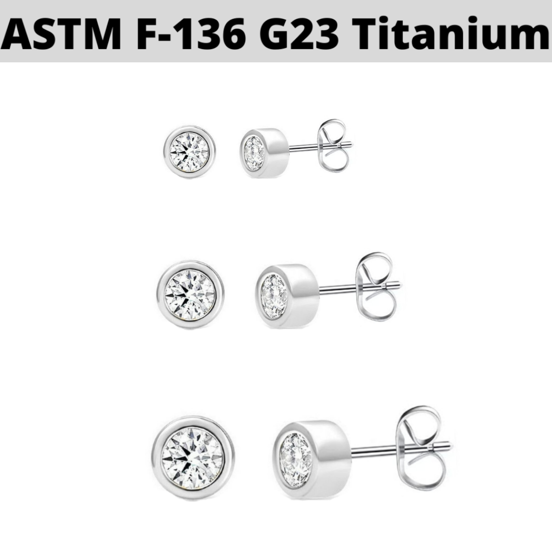 PAIR of G23 Titanium Bezel Set CZ Stud Earrings