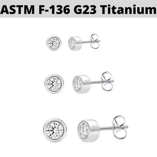 PAIR of G23 Titanium Bezel Set CZ Stud Earrings