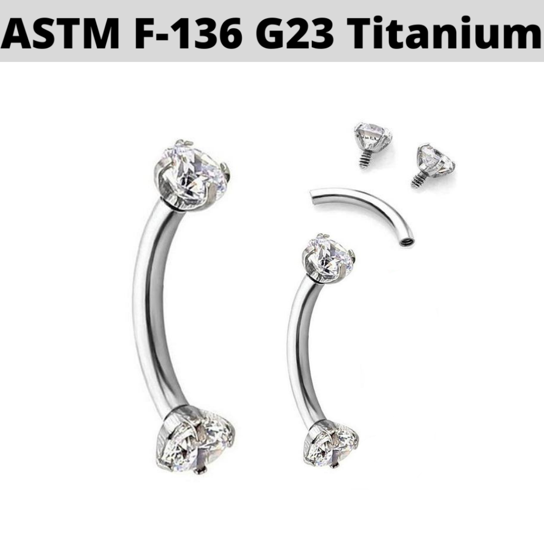 G23 Titanium Internally Threaded Prong Set Double CZ Curved Barbell