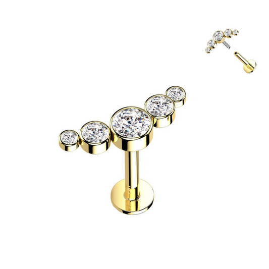 Gold Steel Internally Threaded 5 CZ Cluster Ion Plated Tragus Labret