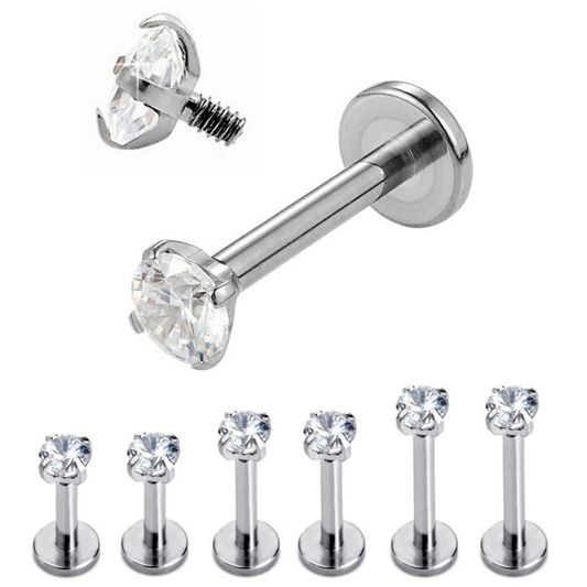 16G Internally Threaded Round CZ Prong Set Tragus Labret