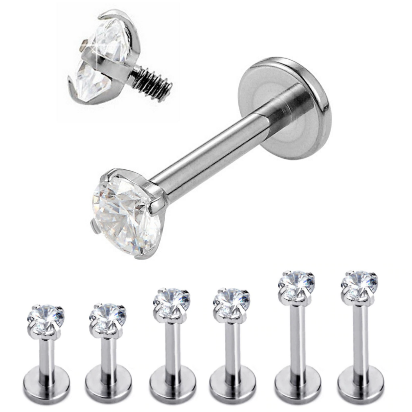 18G Internally Threaded Round CZ Prong Set Tragus Labret