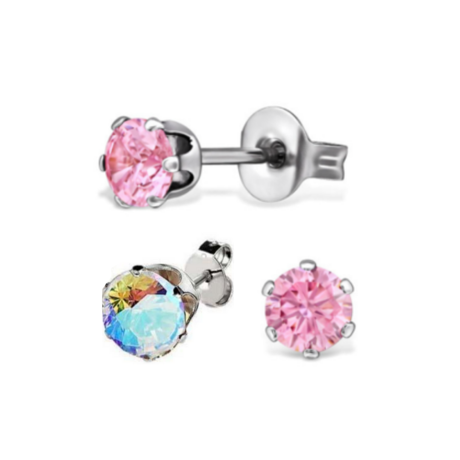 PAIR of 3mm AB Pink CZ Steel Stud Earrings