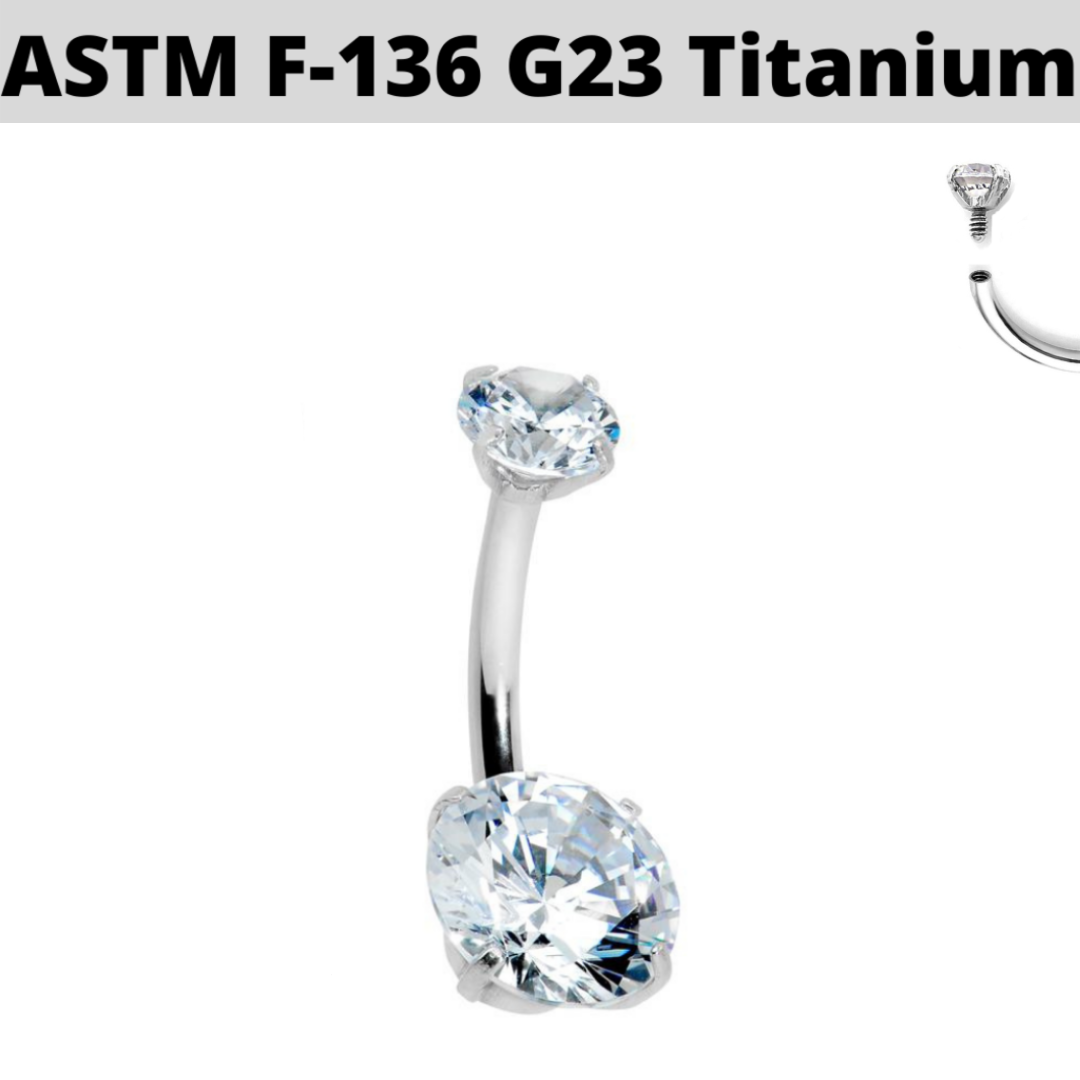 G23 Titanium Internally Threaded 4 Prong Set Double CZ Belly Ring