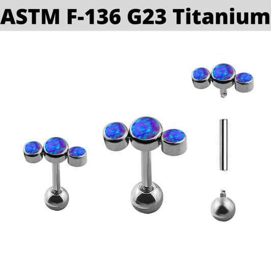 G23 Internally Threaded Titanium Triple Blue Opal Cluster Tragus Barbell