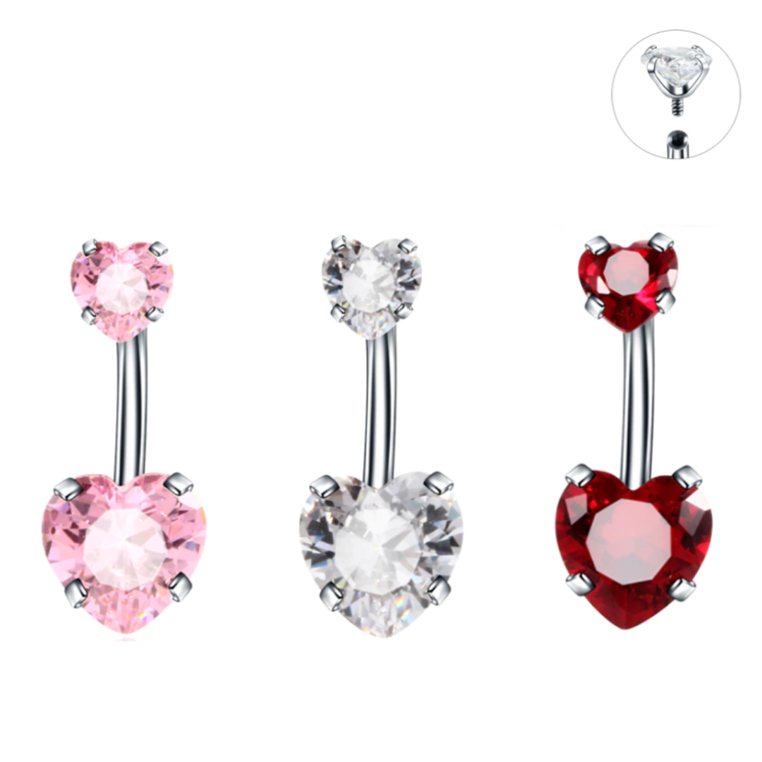 Internally Threaded Prong Set Double Heart CZ Belly Ring