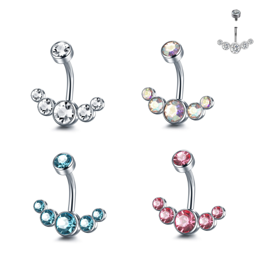 Internally Threaded Steel 5 CZ Cluster Belly Ring