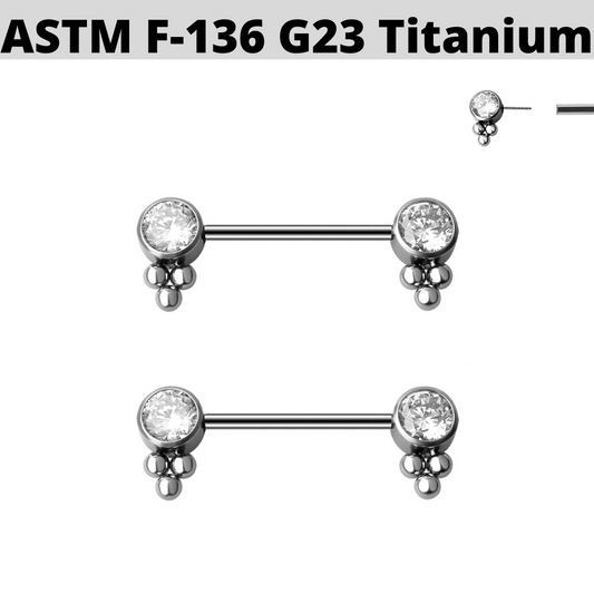 G23 Threadless Push In Titanium 3 Beads CZ Clusters Nipple Barbell