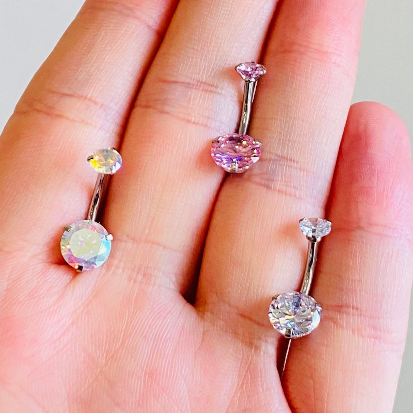 Internally Threaded 3 Prong Set Double CZ Belly Ring
