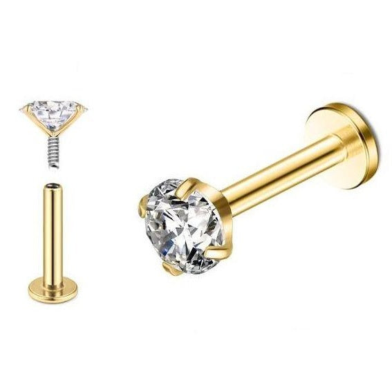 16G Gold Steel Internally Threaded Round CZ Prong Set Ion Plated Tragus Labret